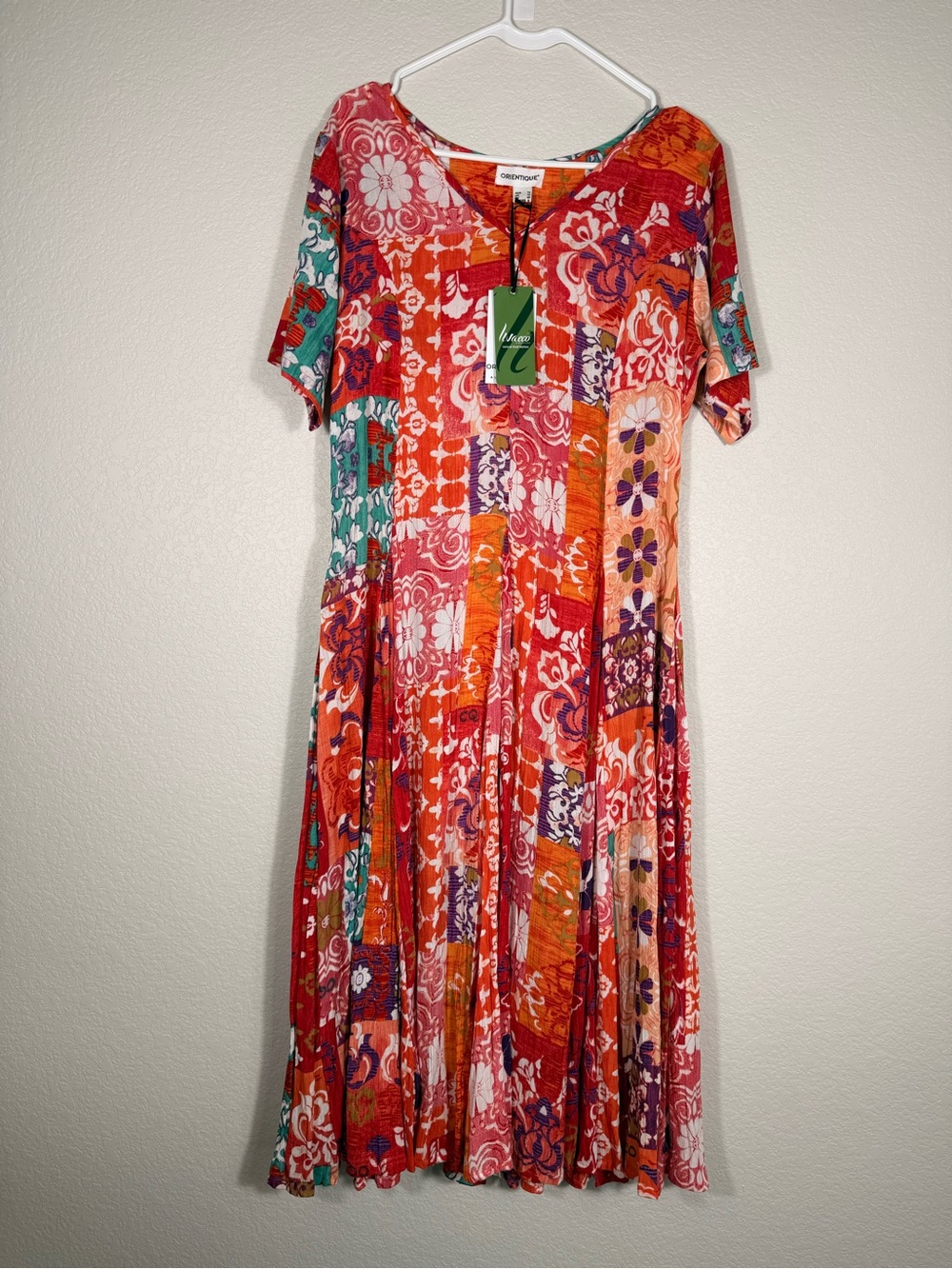 ORIENTIQUE Orange Multi Patchwork Floral Midi Dress with Teal Accents